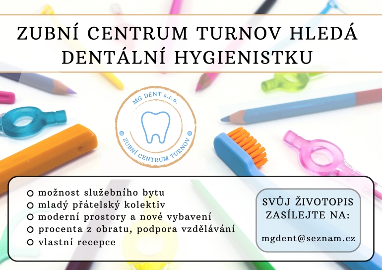 Zubní centrum Turnov hledá dentální hygienistku/hygienistu Zubní centrum Turnov hledá dentální hygienistku/hygienistu