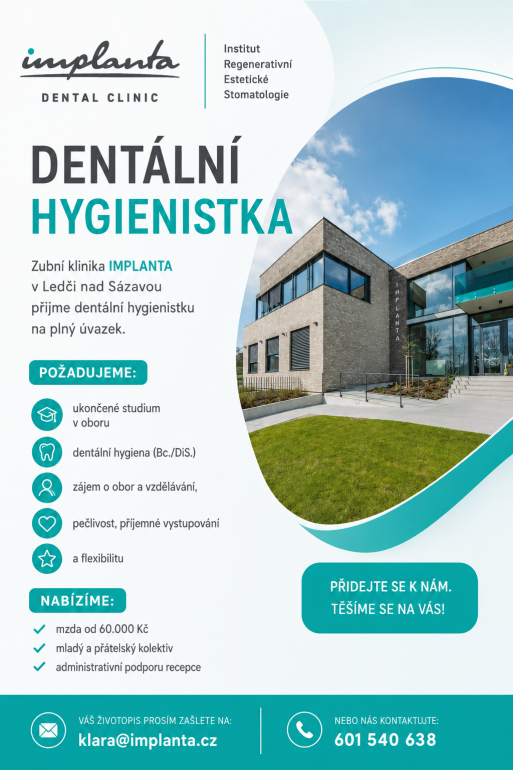 Zubní klinika IMPLANTA přijme Dentální hygienistku Zubní klinika IMPLANTA přijme Dentální hygienistku