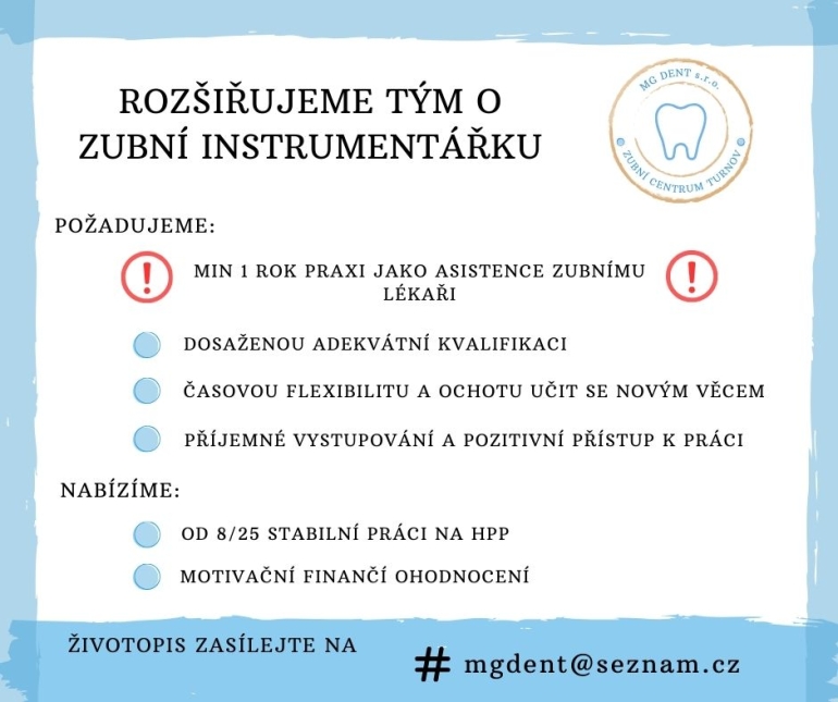 Zubní centrum Turnov hledá zubní instrumentářku/sestru Zubní centrum Turnov hledá zubní instrumentářku/sestru
