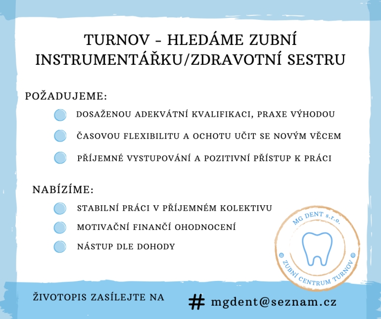 Zubní centrum v Turnově hledá hledá zubní instrumentářku